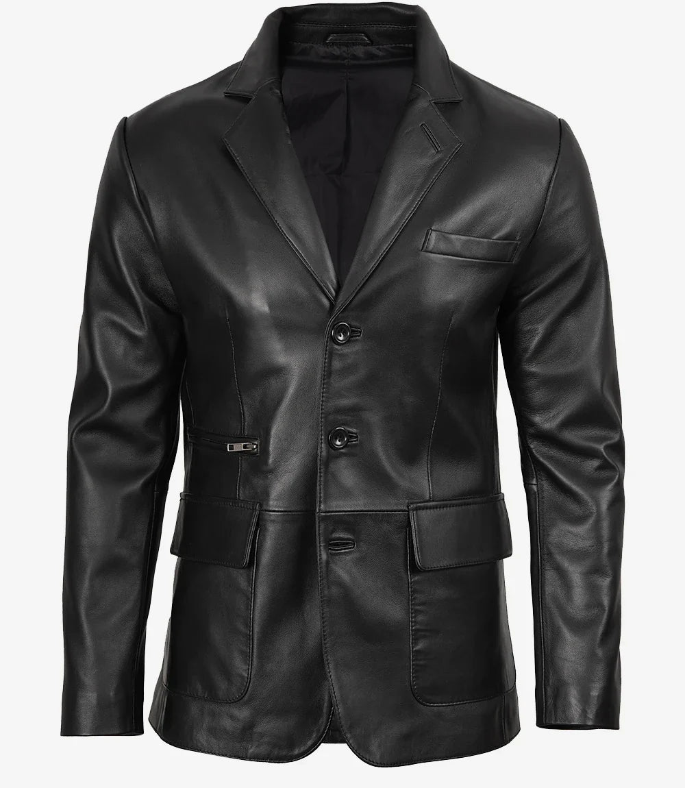 Men's Black Three Button Real Leather Blazer