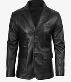 Men's Black Three Button Real Leather Blazer