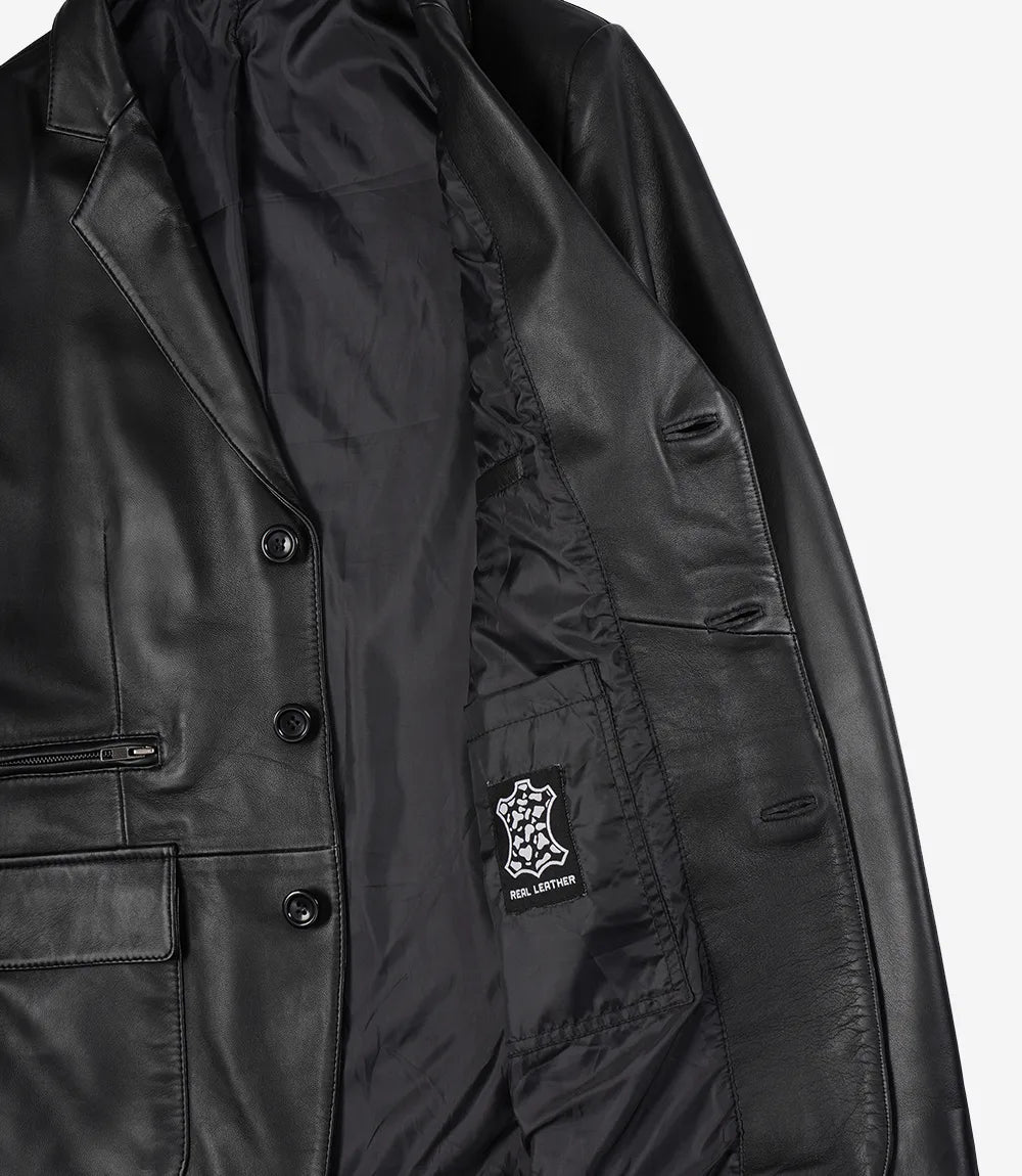 Men's Black Three Button Real Leather Blazer