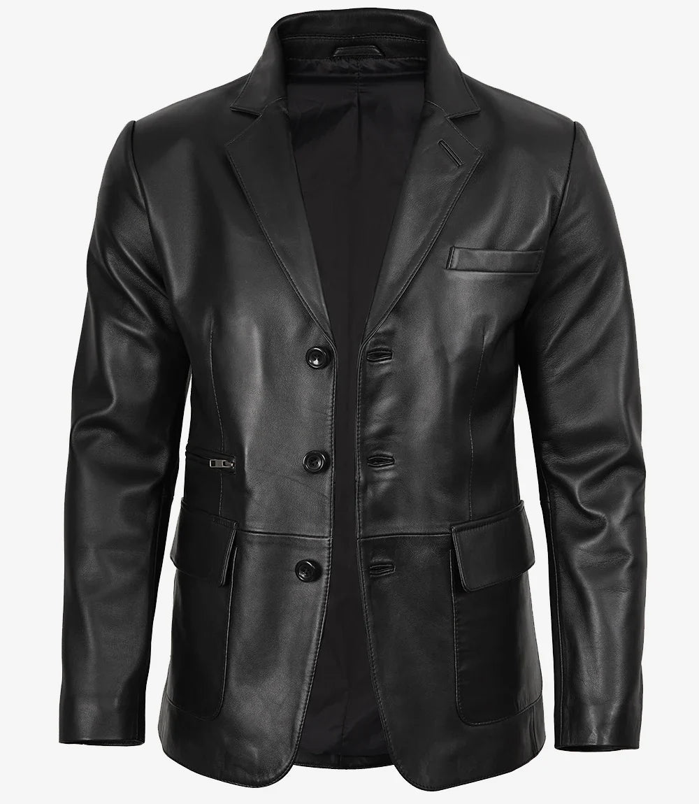 Men's Black Three Button Real Leather Blazer