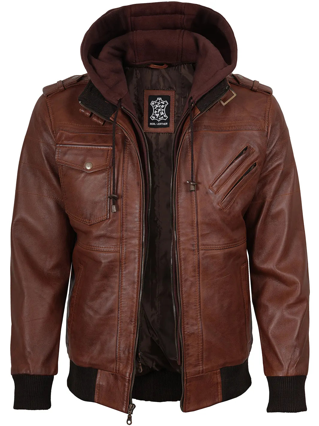 Edinburgh Mens Brown Bomber Leather Jacket With Removable Hood
