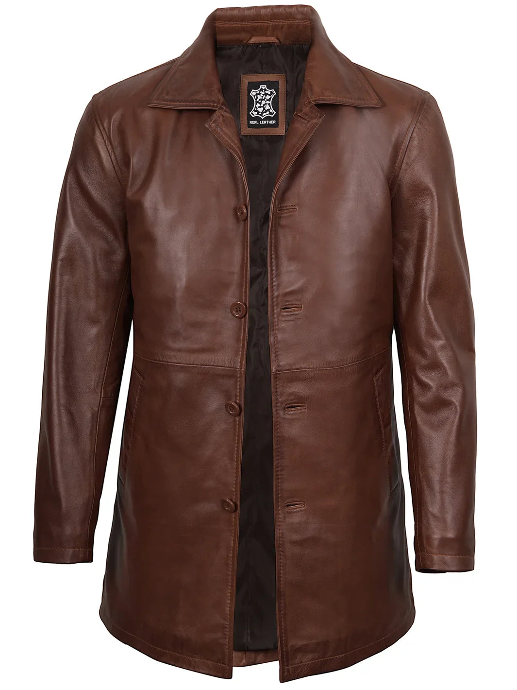 Mens Tan Brown 3/4 Length Leather Car Coat
