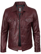 Men's Burgundy Real Leather Trucker Jacket