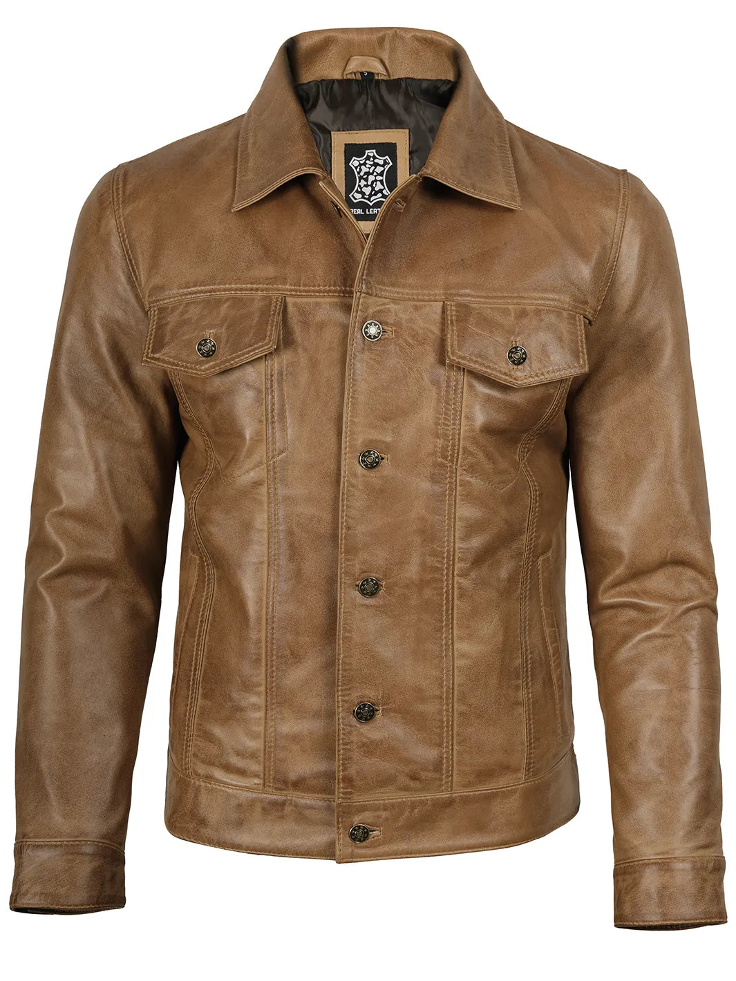 Men's Camel Brown Leather Trucker Jacket
