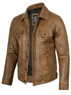 Men's Camel Brown Leather Trucker Jacket