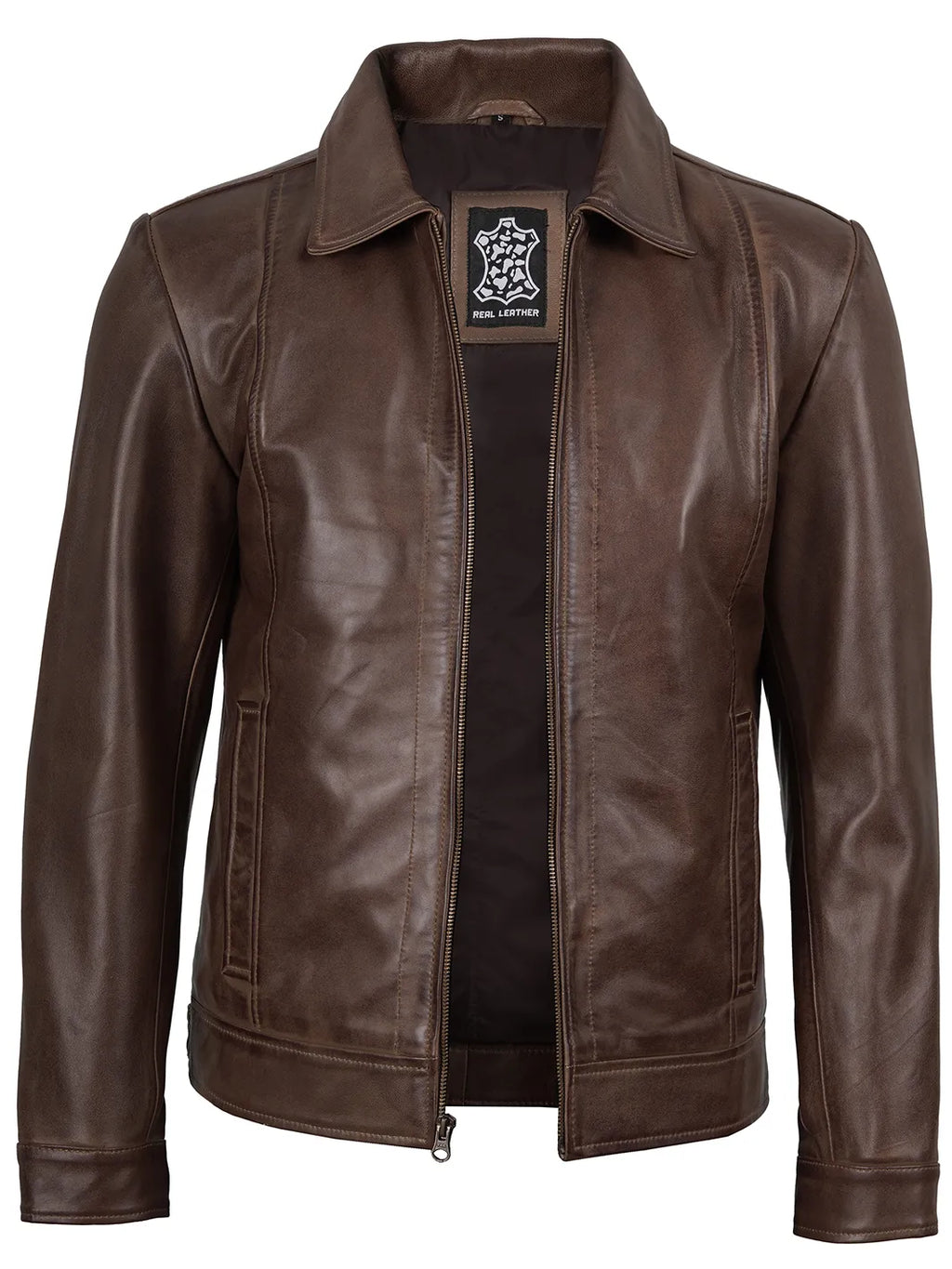 Mens Shirt Collar Chocolate Brown Leather Jacket