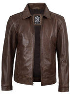Mens Shirt Collar Chocolate Brown Leather Jacket