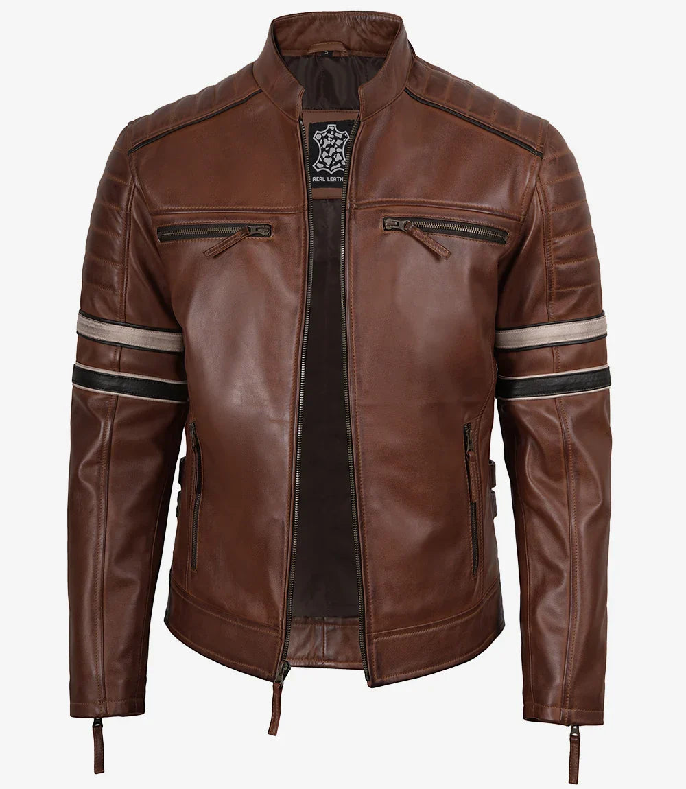 Men's Cognac Brown Leather Racer Jacket with Black and Beige Stripes