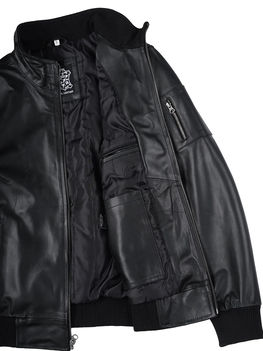 Mens Black Real Cowhide Leather Bomber Jacket