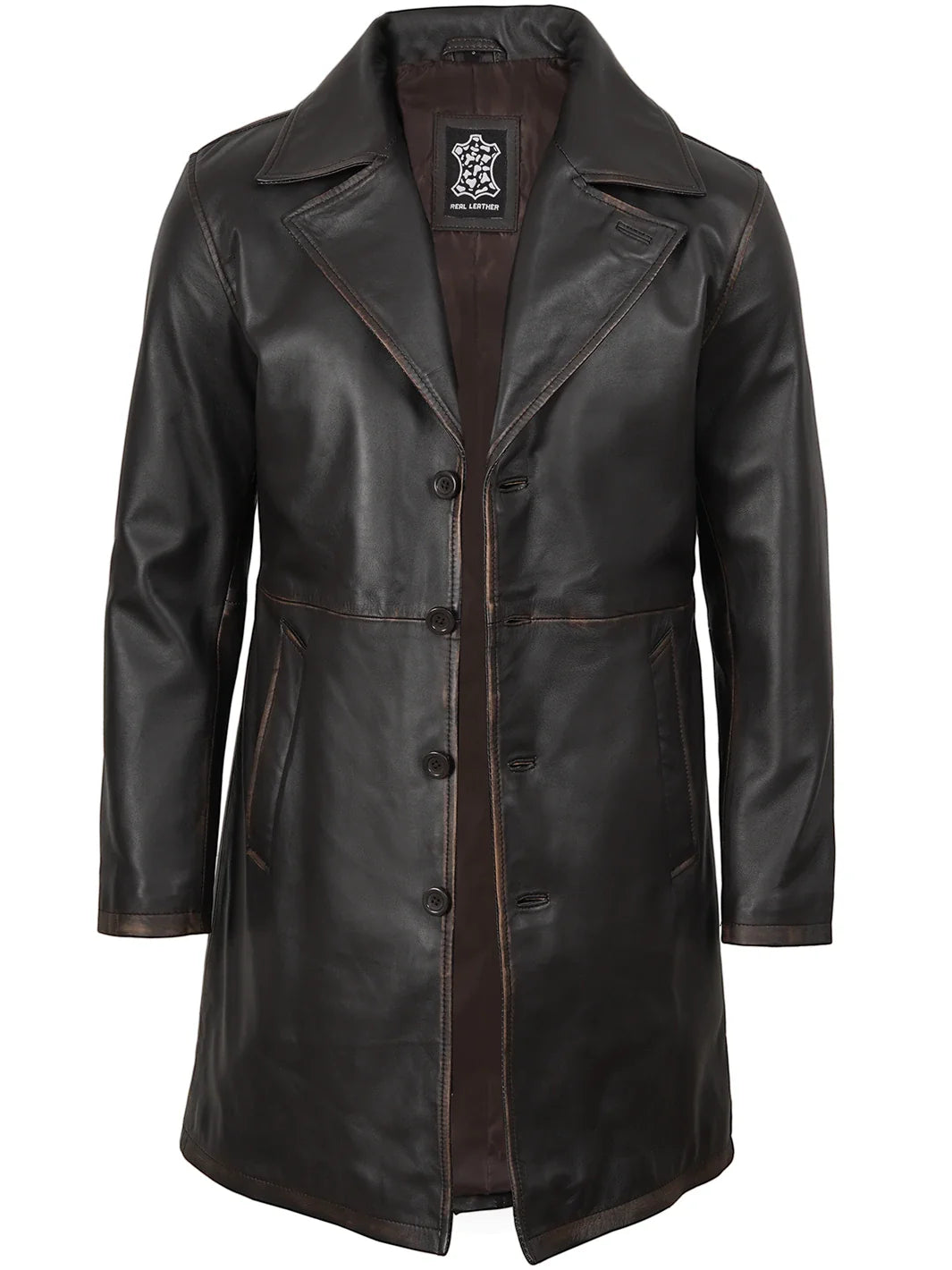 Men's Real Leather 3 4 Length Dark Brown Car Coat
