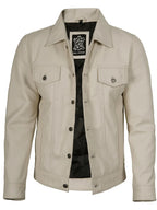 Fernando Men's Off White Leather Trucker Jacket