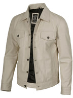 Fernando Men's Off White Leather Trucker Jacket