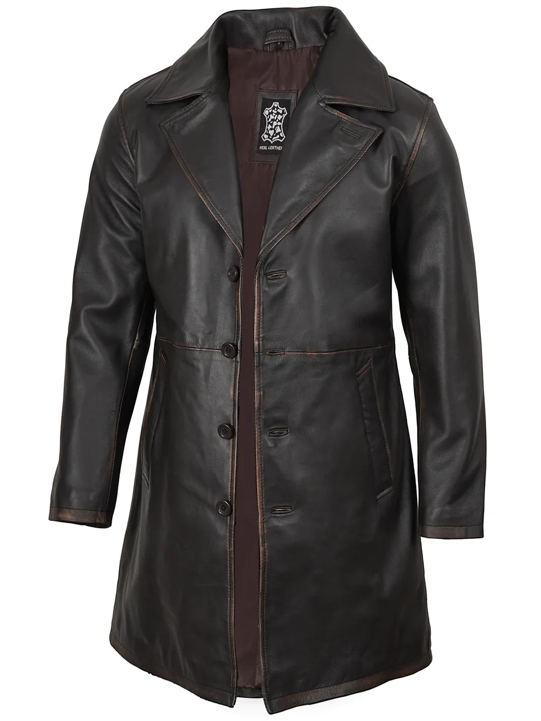 Men's Real Leather 3 4 Length Dark Brown Car Coat