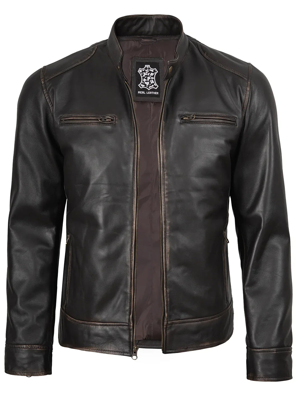 Dodge Men's Rub-Off Dark Brown Cafe Racer Style Leather Jacket