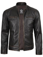 Dodge Men's Rub-Off Dark Brown Cafe Racer Style Leather Jacket