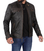 Men's Tall Quilted Cafe Racer Distressed Brown Leather Jacket
