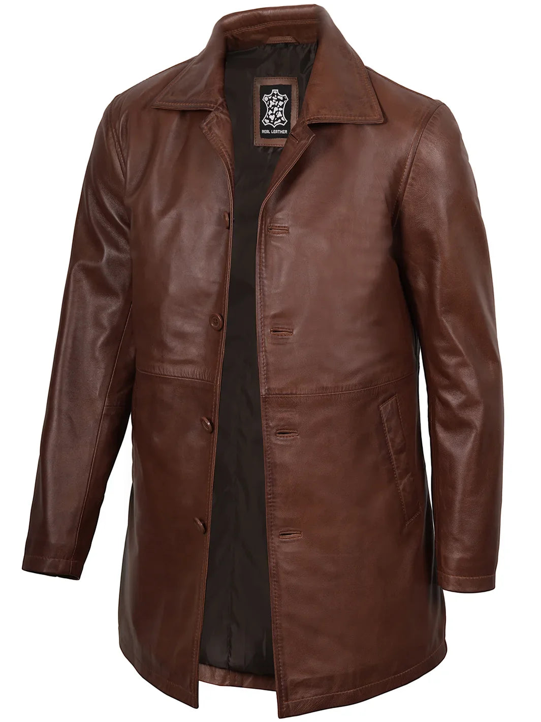 Mens Tan Brown 3/4 Length Leather Car Coat