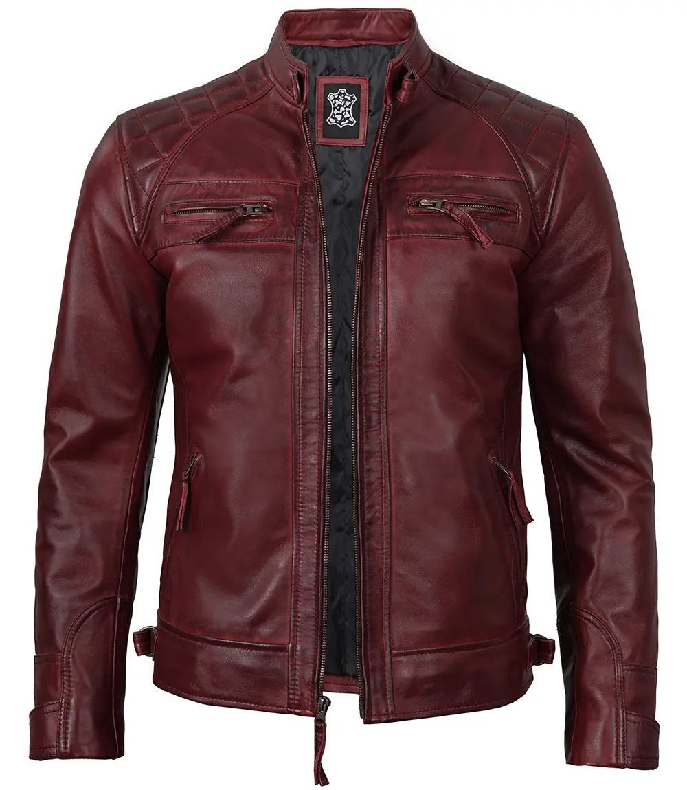 Tall Men's Real Leather Burgundy Biker Style Jacket