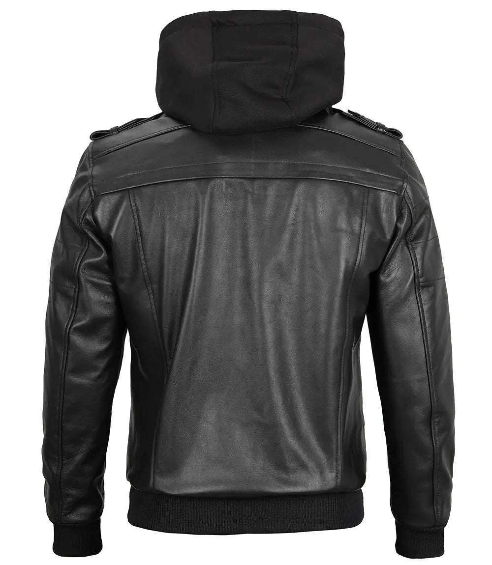 Tall Men's Black Leather Jacket with Removable Hood