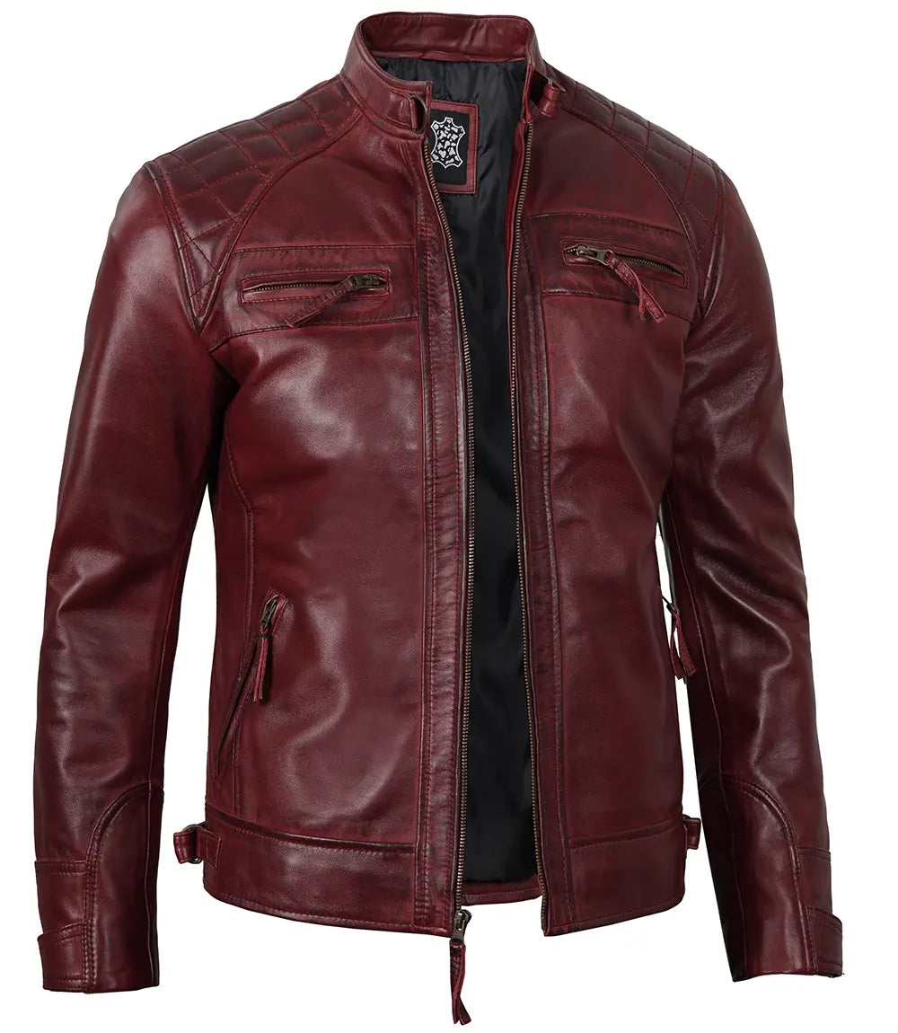 Tall Men's Real Leather Burgundy Biker Style Jacket
