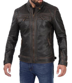Men's Tall Quilted Cafe Racer Distressed Brown Leather Jacket