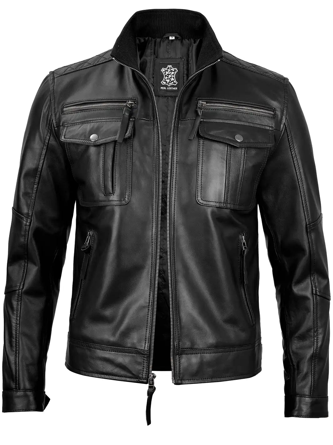 Moffit Mens Black Cafe Racer Style Real Leather Jacket