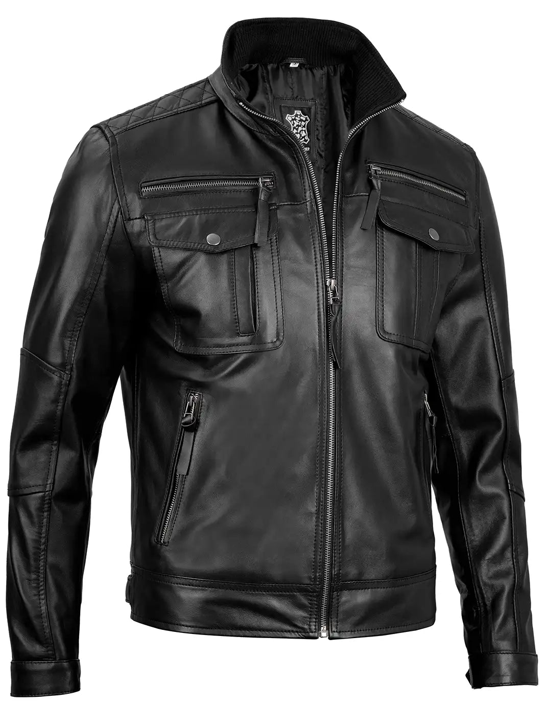 Moffit Mens Black Cafe Racer Style Real Leather Jacket