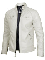 Johnson Mens Off White Quilted Cafe Racer Leather Jacket