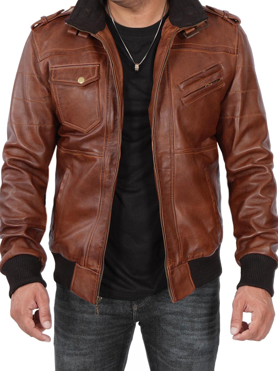 Men's Brown Tall Leather Bomber Jacket With Removable Hood