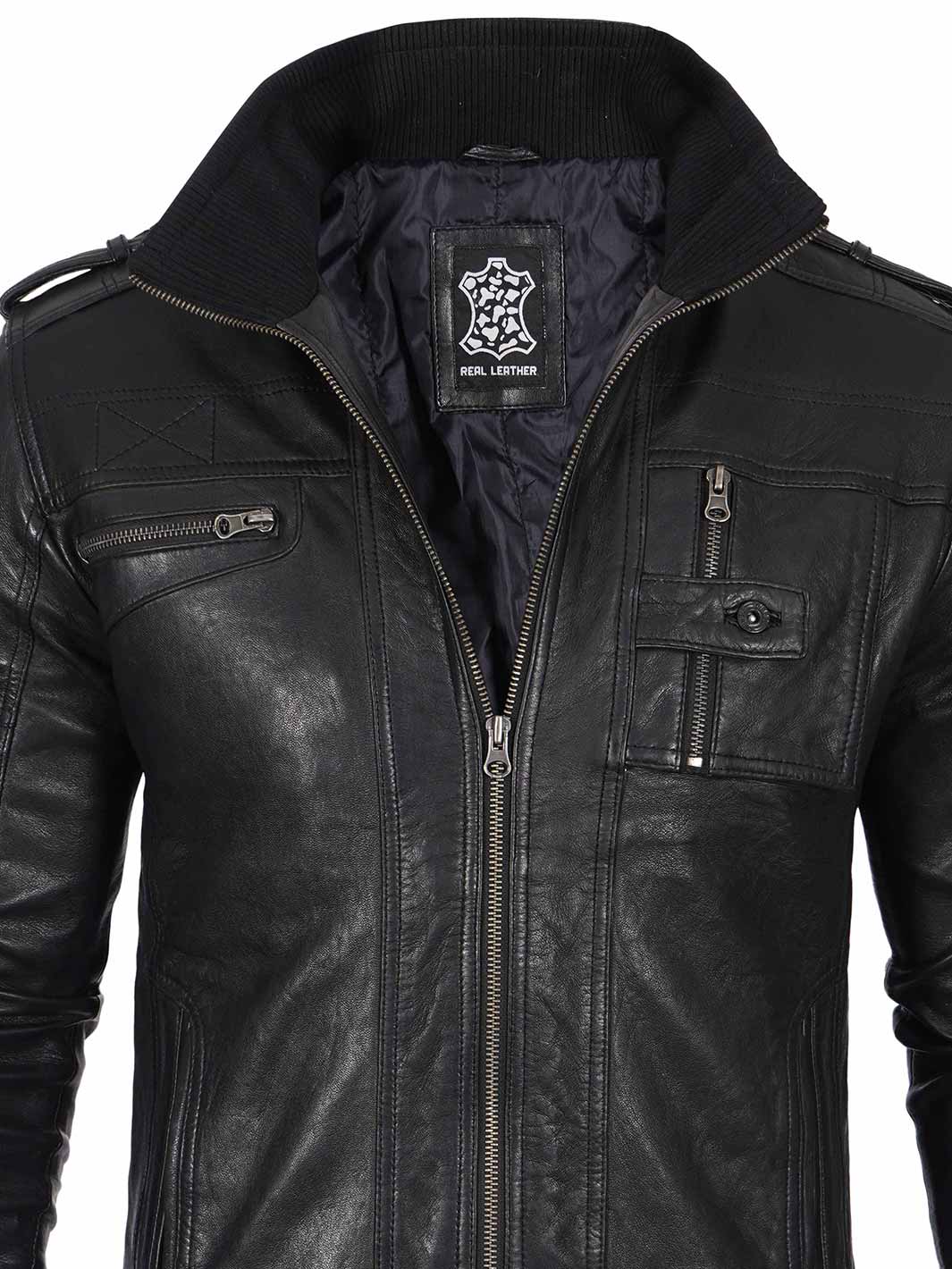 Mens Black Waxed Cafe Racer Style Leather Jacket