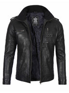 Mens Black Waxed Cafe Racer Style Leather Jacket