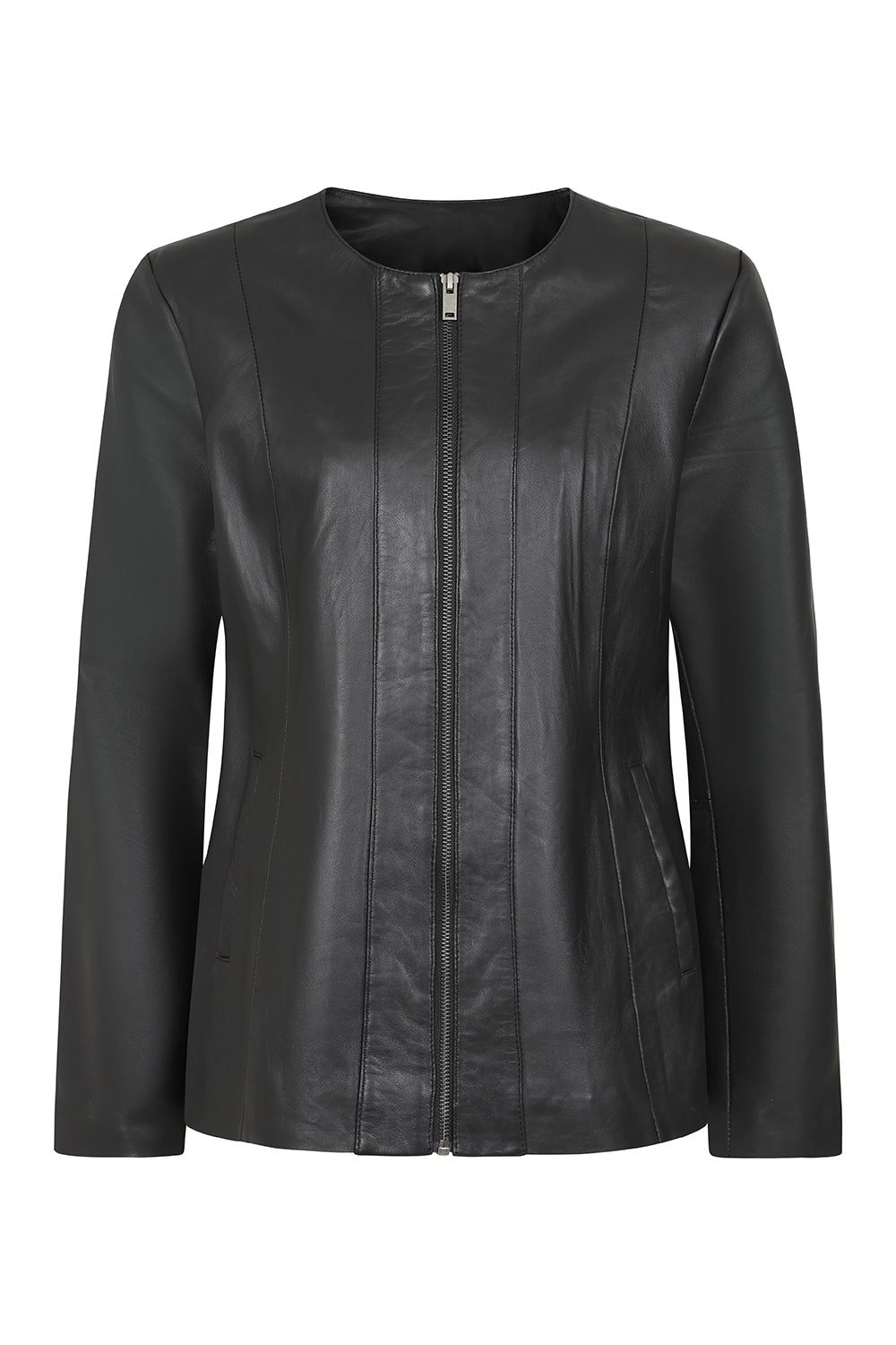 DEBORAH NC Classic Black Nappa Leather Jacket No Collar Women's