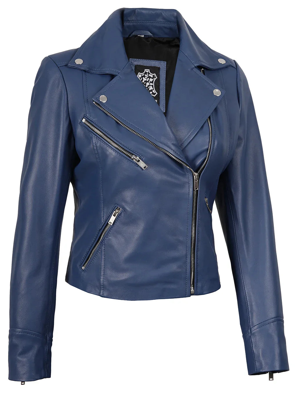 Ninfa Women's Blue Asymmetrical Biker Style Leather Jacket