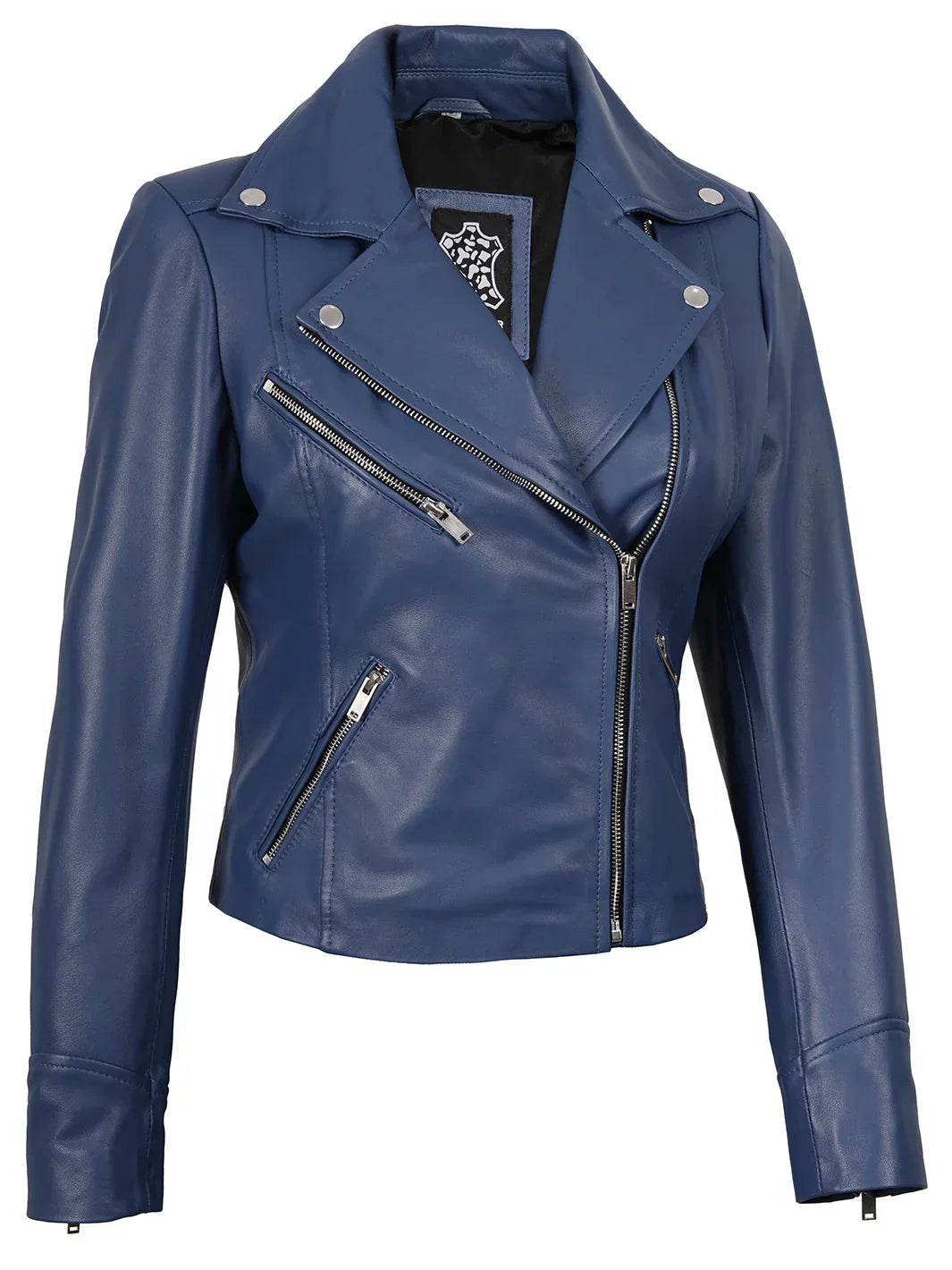 Ninfa Women's Blue Asymmetrical Biker Style Leather Jacket