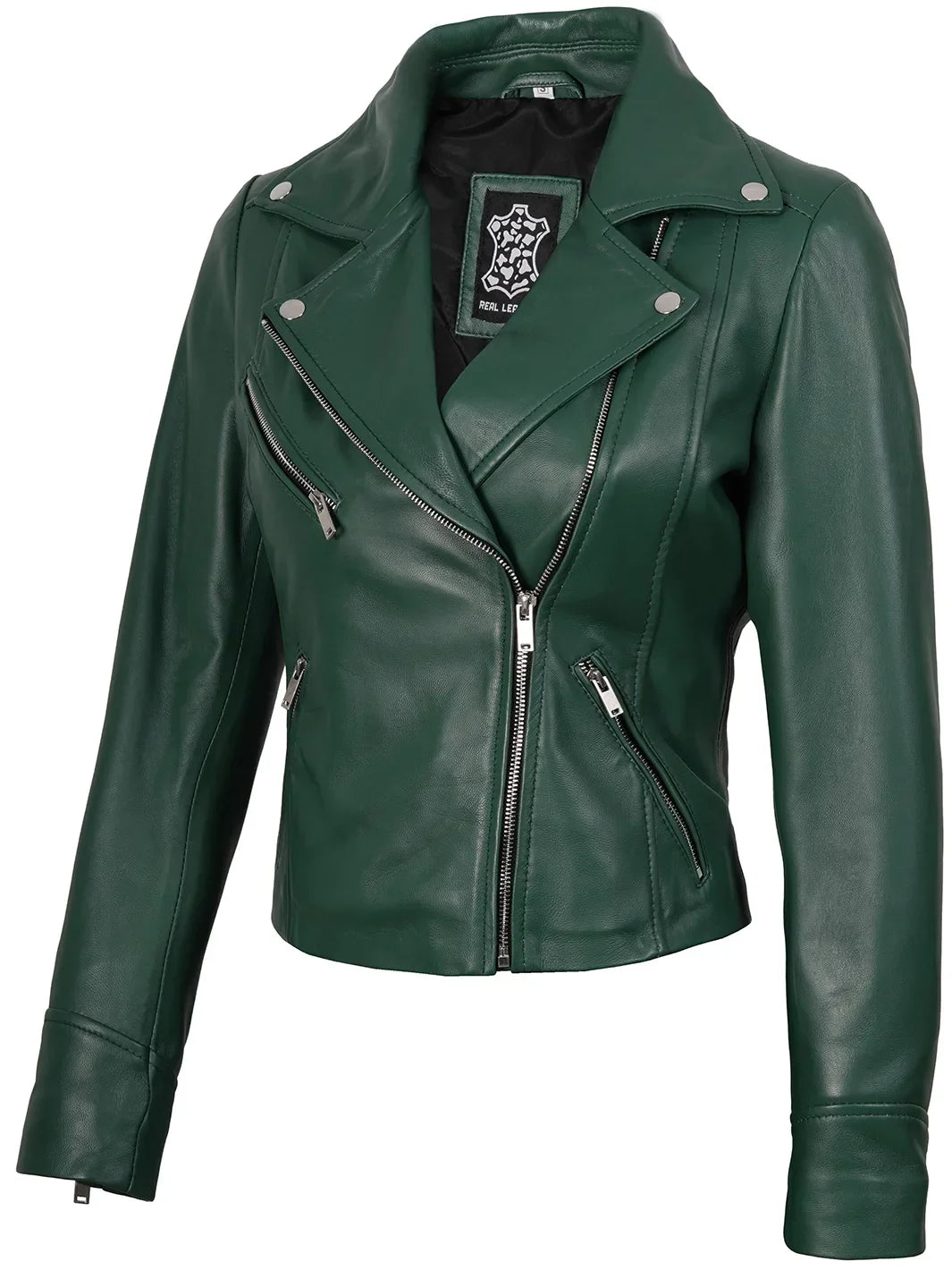 Ninfa Women's Asymmetrical Biker Style Green Leather Jacket
