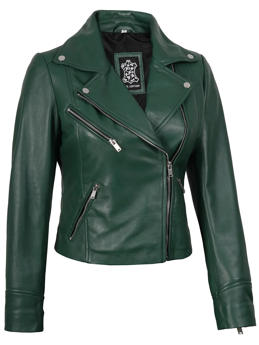 Ninfa Women's Asymmetrical Biker Style Green Leather Jacket