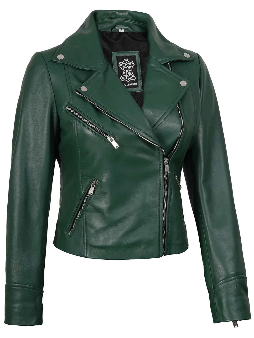 Ninfa Women's Asymmetrical Biker Style Green Leather Jacket
