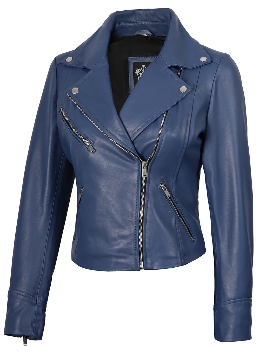 Ninfa Women's Blue Asymmetrical Biker Style Leather Jacket