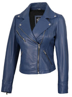 Ninfa Women's Blue Asymmetrical Biker Style Leather Jacket
