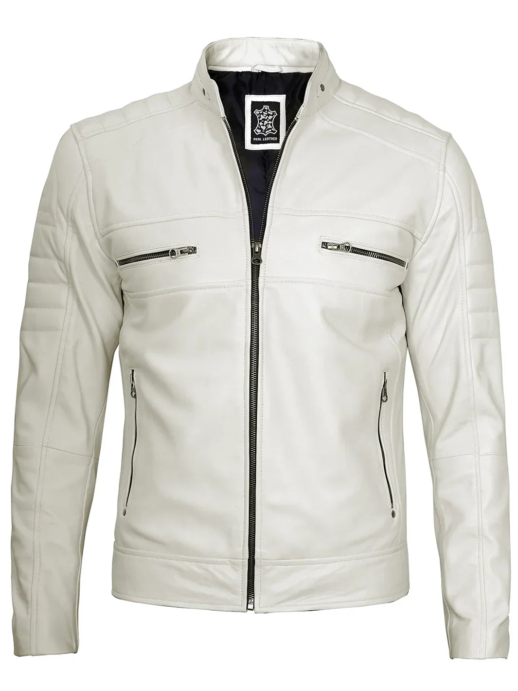 Mens Off White Cafe Racer Real Leather Jacket