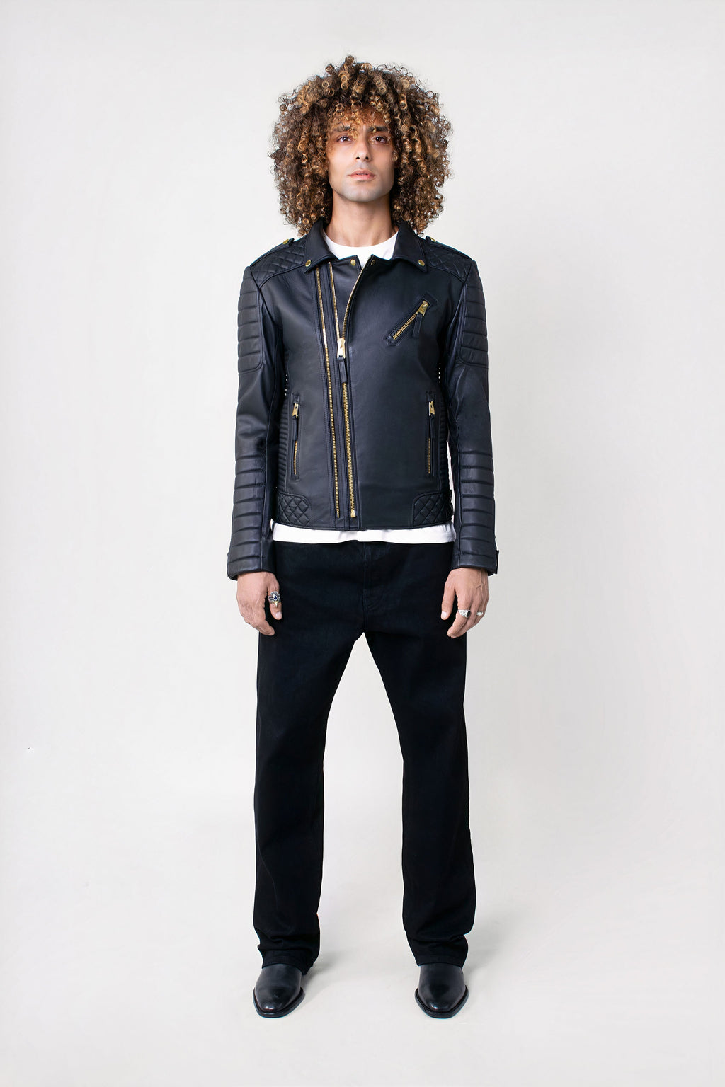 Kay Michaels 3.0 Tall: Gold Hardware Leather Jacket (Man)