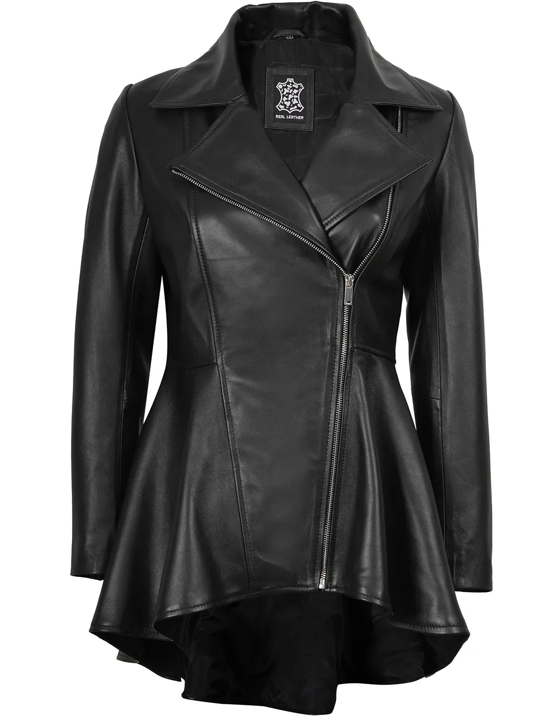 Clarissa Womens Black Asymmetrical Peplum Leather Jacket