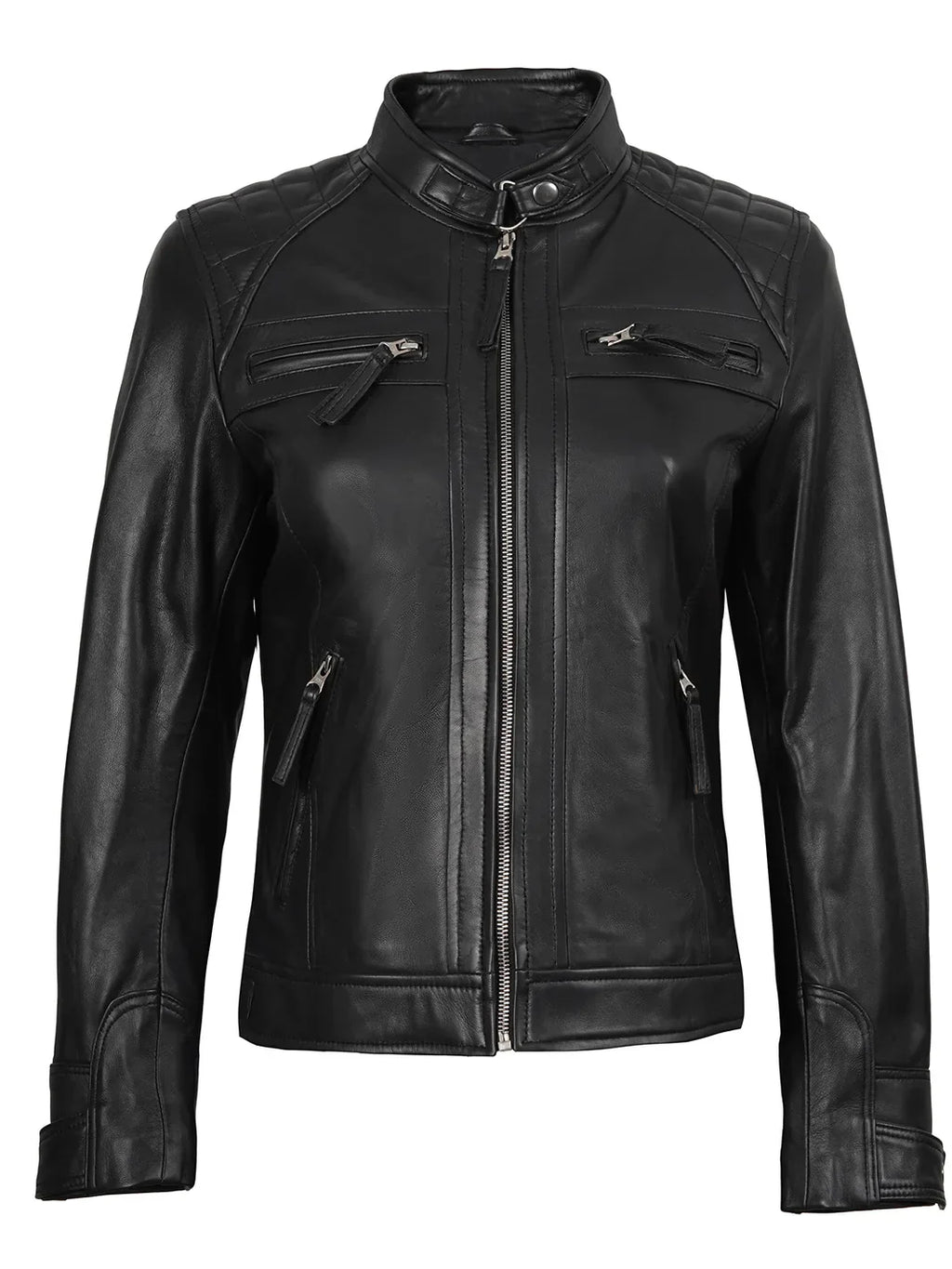 Petite Women Black Cafe Racer Style Leather Jacket