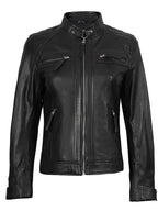 Petite Women Black Cafe Racer Style Leather Jacket
