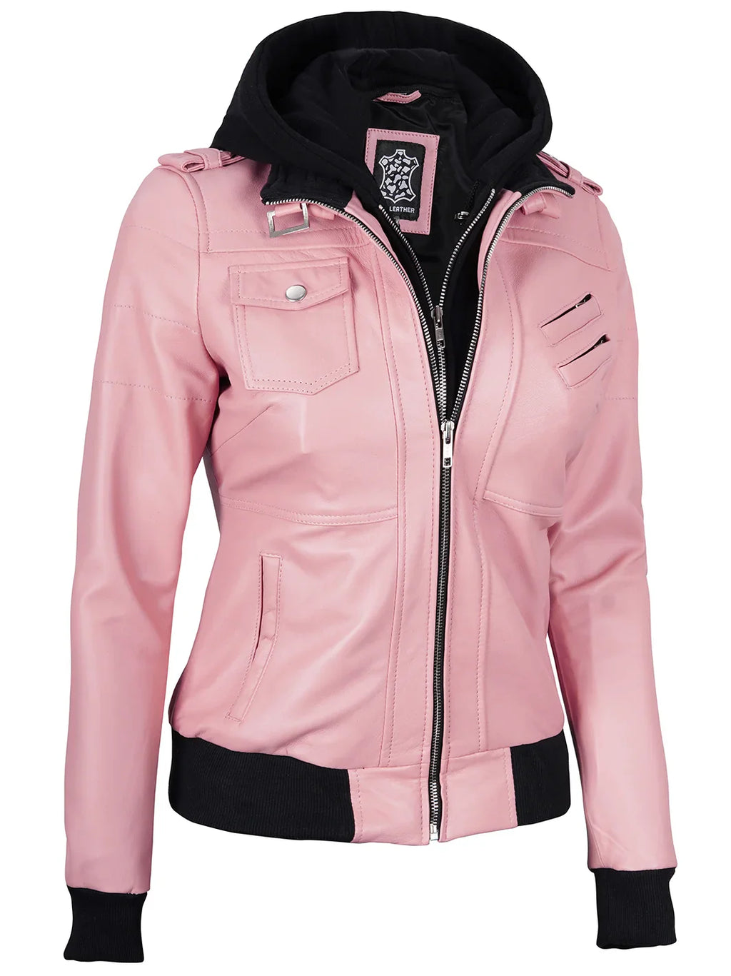Women's Pink Leather Jacket with Removable Hood