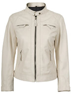 Johnson Women Quilted Off White Cafe Racer Leather Jacket