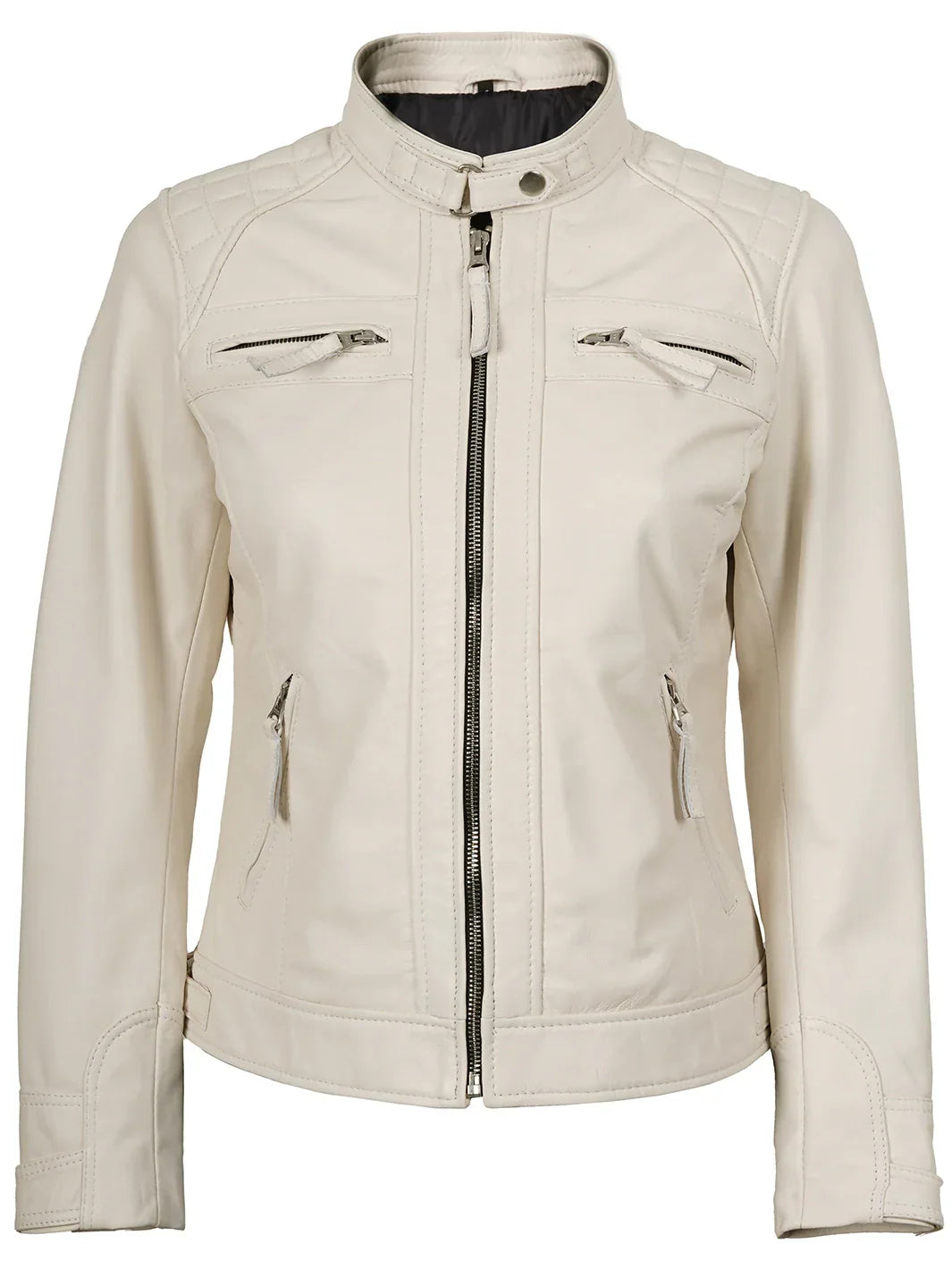 Johnson Women Quilted Off White Cafe Racer Leather Jacket
