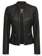 Petite Women's Black Cafe Racer Leather Jacket