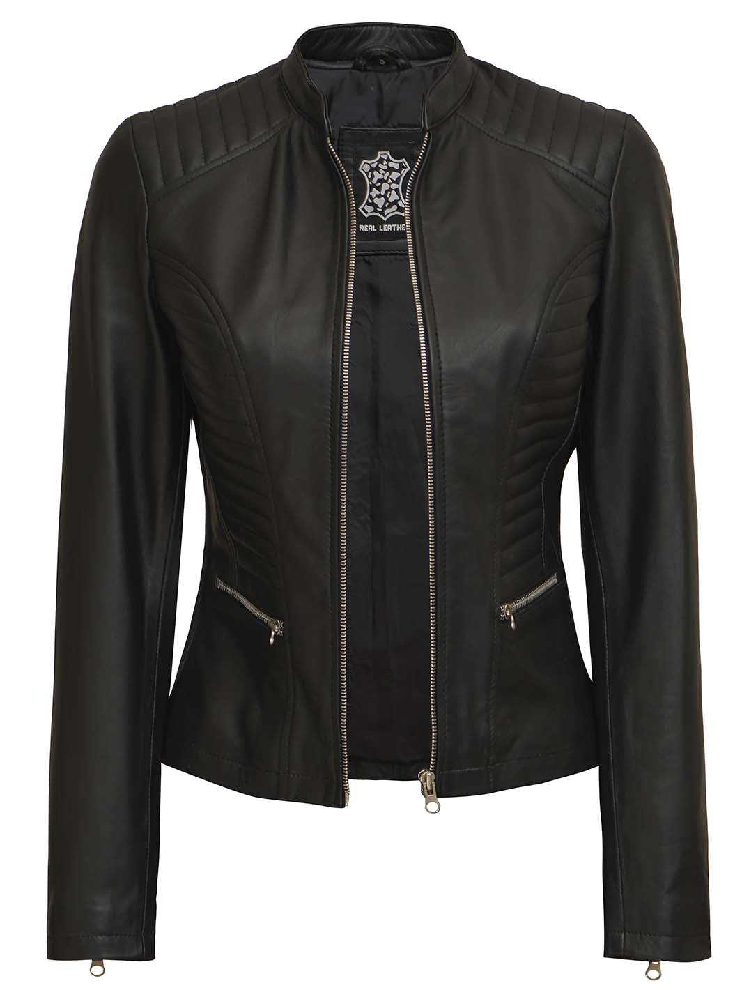 Petite Women's Black Cafe Racer Leather Jacket