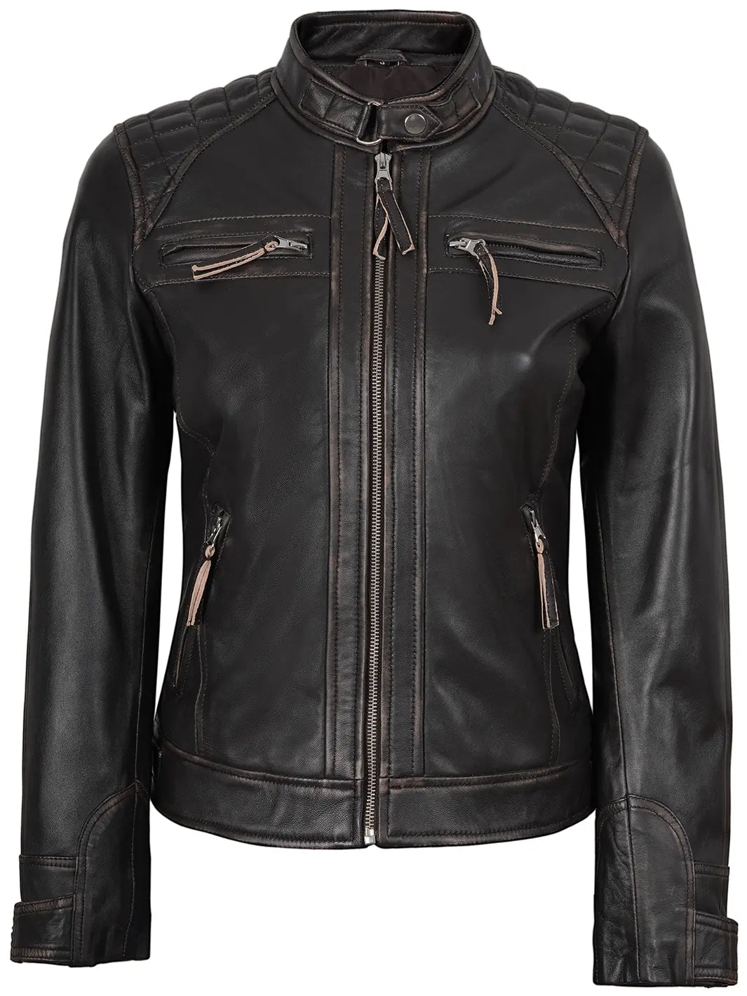 Diamond Women Rub Off Brown Leather Jacket